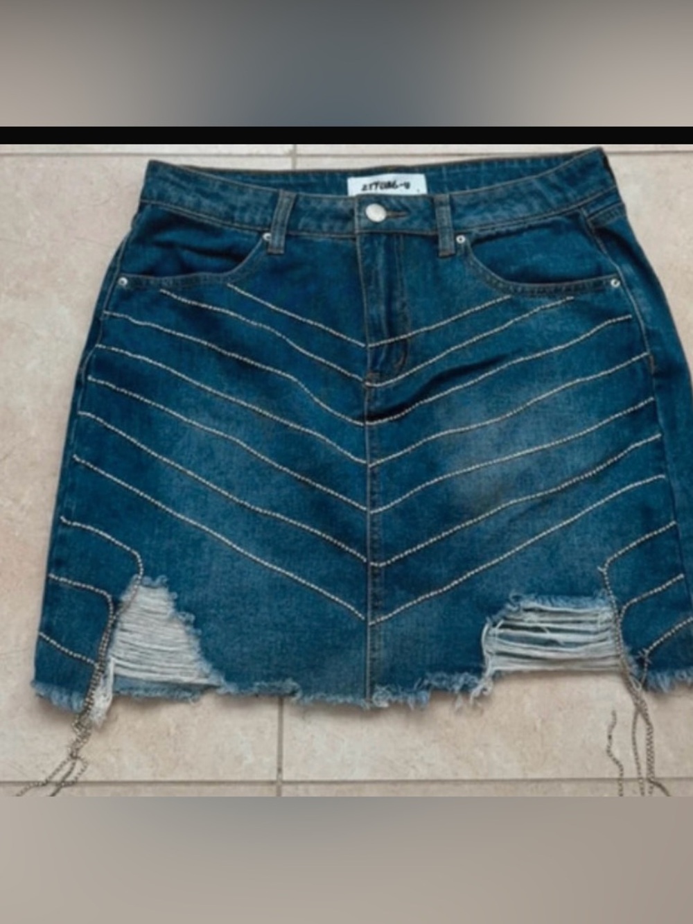 Denim Distressed Mini Skirt with Chevron Stitching - Blue